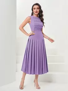 Modelyn 纯色褶皱下摆连衣裙，半正式连衣裙长款晚礼服 - 紫丁香色 - 查看 5