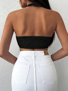 RueChic Buckle Detail Backless Crop Halter Neck Denim Top - Black - View 2
