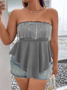 Allurite Plus Fringe Trim Peplum Tube Top - Grey - View 1
