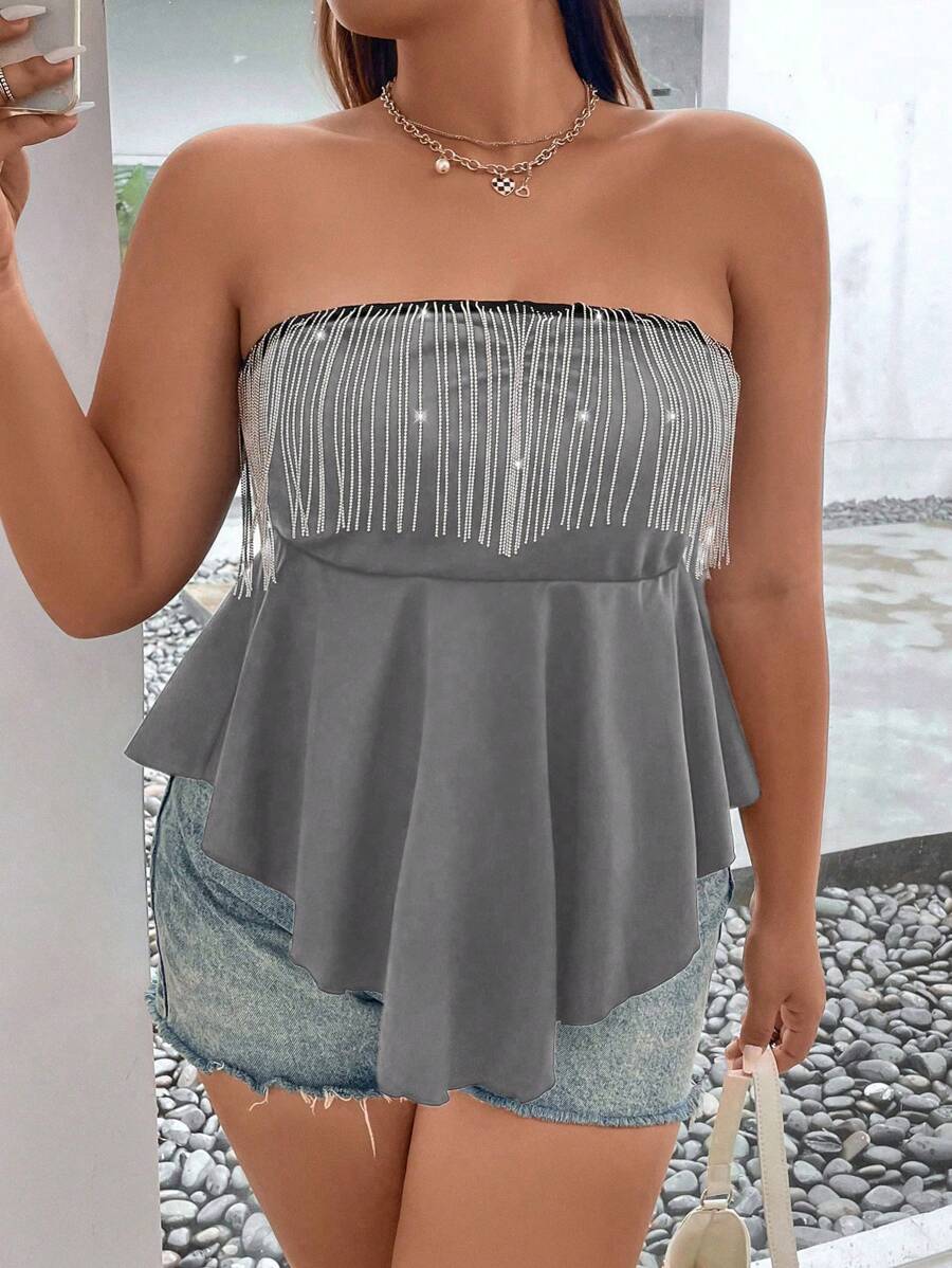 Allurite Plus Fringe Trim Peplum Tube Top - Grey - View 1