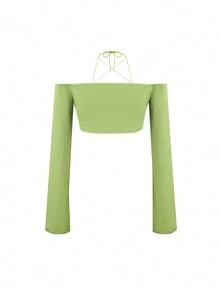 SHEIN Unity Solid Ruched Halter Neck Crop Top - Green - View 2