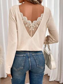 SHEIN Frenchy Contrast Lace Waffle Knit Tee Winter Casual