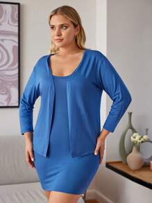 RueChic Plus Solid Bodycon Dress & Open Front Coat - Blue - View 1