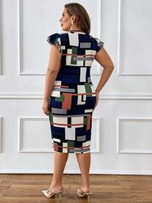 SHEIN Clasi 大碼幾何印花蝴蝶袖緊身洋裝 - 彩色 - 查看 2