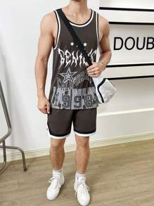 Manfinity VCAY Men Letter Graphic Contrast Trim Tank Top & Shorts - Coffee Brown - View 3