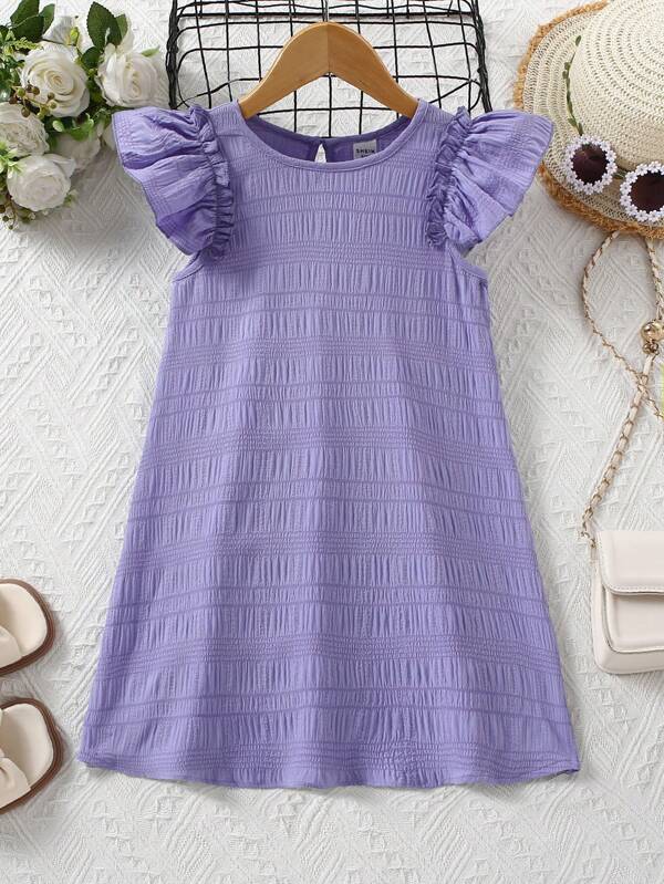 SHEIN Young Girl Solid Color Summer Style Off-Shoulder Dress With Buttoned Back Lavender Dress For Kidspurple Dress For Young Girl>Casual
