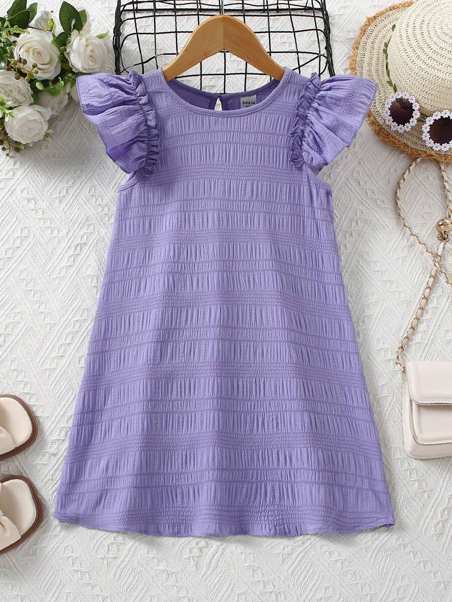 SHEIN Vestido de verano de estilo informal con hombros descubiertos y espalda con botones, color lila, para niñas jóvenes - Lila Púrpura - Ver 1