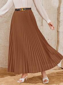 Modelyn Solid Pleated Skirt Without Belt - Coffee Brown - View 5