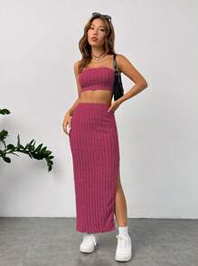 Muchica 素色抹胸上衣&高衩半身裙 - 玫紅色 - 查看 4