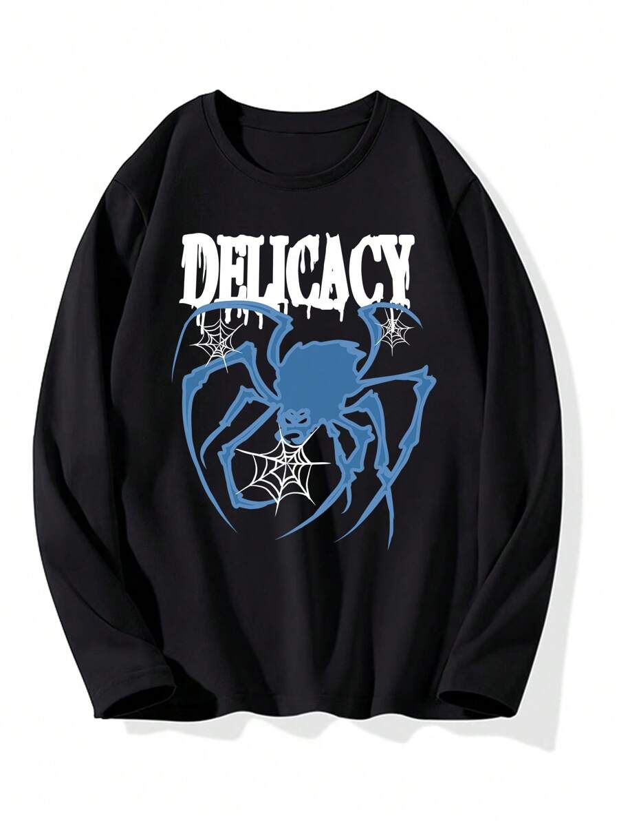 Men Letter & Spider Print Tee, For Halloween - Black - View 1