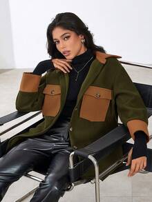 Eilly Bazar 拼色翻蓋口袋垂墜肩大衣 - 彩色 - 查看 5