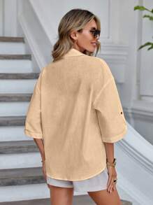 SHEIN Essnce Flap Pocket Roll Tab Sleeve Shirt - Khaki - View 2