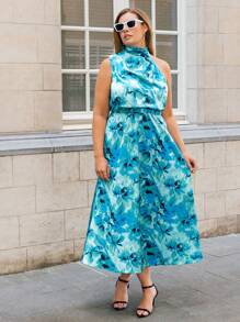 SHEIN Privé Plus Allover Floral Print Dress - Blue - View 4