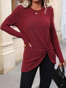 EMERY ROSE Solid Twist Hem Tee For New Year Clothes Fall Cloth For Women - Red - View 3