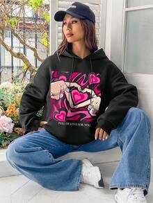 SHEIN EZwear 休閒簡約長袖帽衫，手勢愛心和字母印花設計，適合秋冬季節，女性超大尺碼 - 黑色 - 查看 5