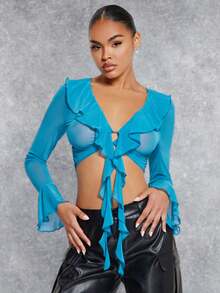 SHEIN BAE 荷葉邊喇叭袖前繫帶短款網紗上衣 - 藍色 - 查看 4
