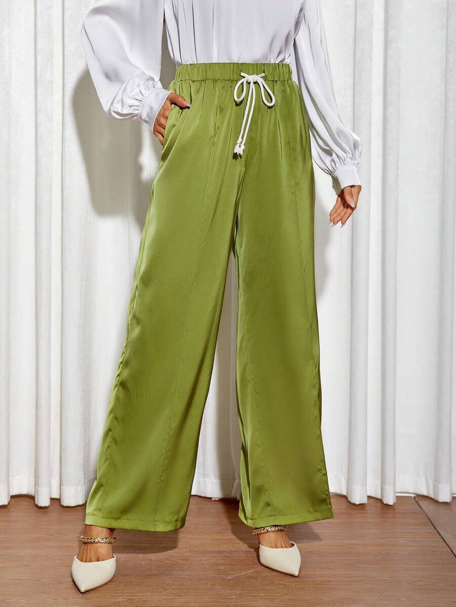 SHEIN Essnce Drawstring Waist Wide Leg Pants - Lime Green - View 1