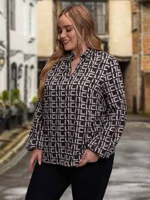 EMERY ROSE 大碼滿版印花缺口領燈籠袖襯衫 - 彩色 - 查看 4