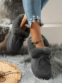 Women's Grey Snow Boots With Rope Bow Decoration - Grey - View 2