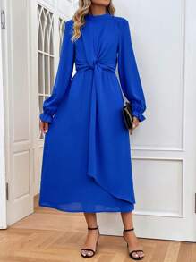 Chiquease Mock Neck Flounce Sleeve Knot Front Dress Fall Cloth For Women - Royal Blue - View 3