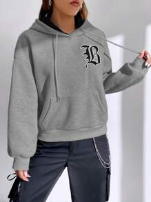 SHEIN EZwear Áo nỉ có mũ trùm đầu in chữ hàng ngày dành cho nữ, mùa thu - Màu xám đen - Xem 4