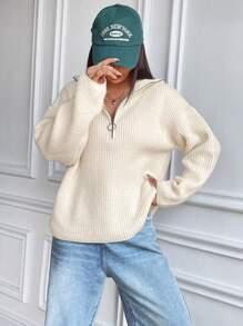 Flirla Half Zip Ribbed Knit Drop Shoulder Sweater,Long Sleeve Tops Knit Pullover Fall Winter Sweater - Apricot - View 3