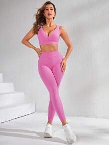 Easithlete 無縫高彈力運動型胸罩&緊身打底褲 - 粉色 - 查看 1