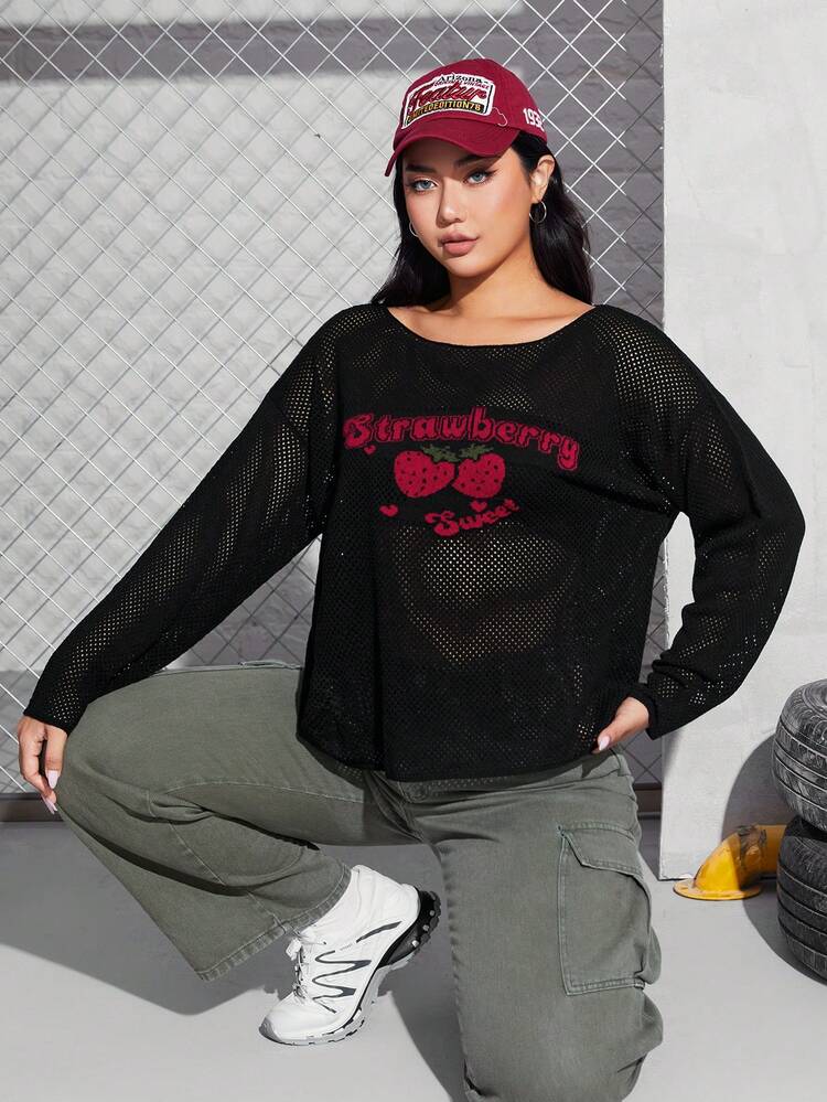 Plus 1pc Letter & Strawberry Pattern Drop Shoulder Sweater