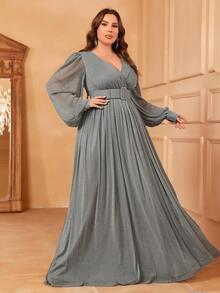 Plus Surplice Neck Lantern Sleeve Belted Party Dress - Grey - View 4