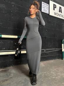 SHEIN EZwear Vestido ajustado con puntada con capucha - Gris - Ver 4