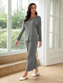 EMERY ROSE Chất rắn tay cánh Áo thun & quần - Xám - Xem 4