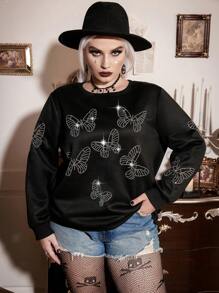 Calvaya Plus Halloween Rhinestone Butterfly Pattern Sweatshirt - Black - View 3