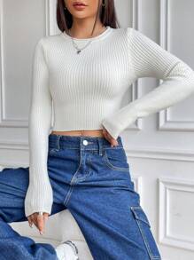 Flirla Solid Ribbed Knit Crop Sweater