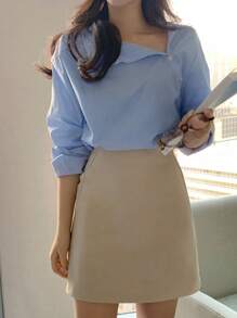 Solid Asymmetrical Neck Button Detail Blouse - Blue - View 1