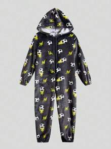 SHEIN Tween Boy Soccer Print Hooded Sleep Jumpsuit - Multicolor - View 12