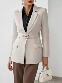 SHEIN Privé Lapel Neck Belted Blazer - Khaki - View 1