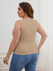 SHEIN Essnce Hơn Chất rắn Áo ba lỗ - Màu Khaki - Xem 2