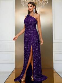 YISIKADO Women Sequin Formal Evening Dress Ball Gown Sleeveless Asymmetrical Neck Split Thigh Elegant Long Dress Prom Party Wedding Guest Graduation Banquet Dinner - Purple - View 4