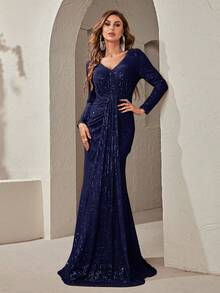 YISIKADO 女士晚宴禮服裙（重工款） - 藏蓝色 - 查看 5