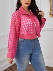 SHEIN Privé Talla grande Cazadora crop transparente - Rosa Fucsia - Ver 3