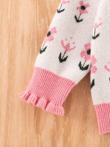 SHEIN Young Girl Floral Pattern Frill Trim Flounce Sleeve Cardigan - Pink - View 3