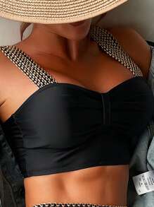Swim Chiccia Summer Beach Ruched Contrast Tape Bikini Set - Black - View 5