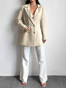 EURMUSE Lapel Neck Double Breasted Blazer - Beige - View 4