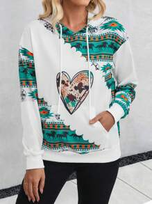 SHEIN LUNE Heart & Geo Print Kangaroo Pocket Drop Shoulder Drawstring Hoodie - White - View 1