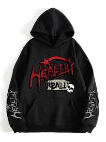 ROMWE MEN Street Life 男士字母圖案袋鼠口袋保暖連帽衫 - 黑色 - 查看 1