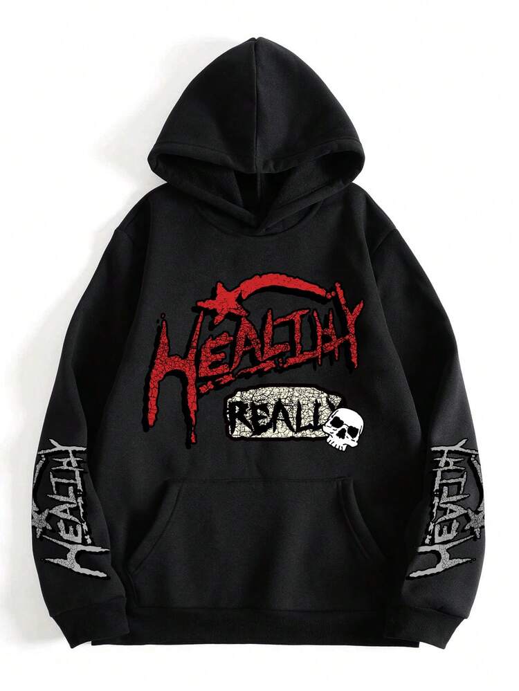 ROMWE MEN Street Life Sudadera Térmica Con Bolsillo Canguro, Con Gráficos De Letras Para Hombre - Negro - Añade 1