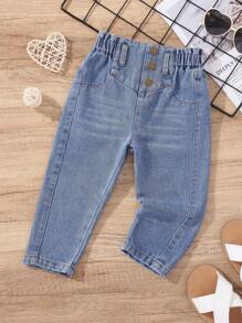 Baby Girl Elastic Waist Paperbag Waist Jeans - Medium Wash - View 1