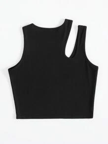 INAWLY Plus Cut Out Asymmetrical Neck Crop Top - Black - View 2