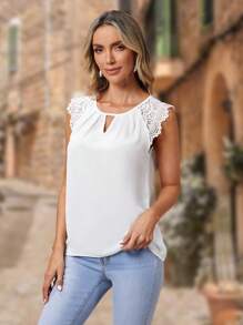 EMERY ROSE Keyhole Neck Guipure Lace Panel Blouse - White - View 5