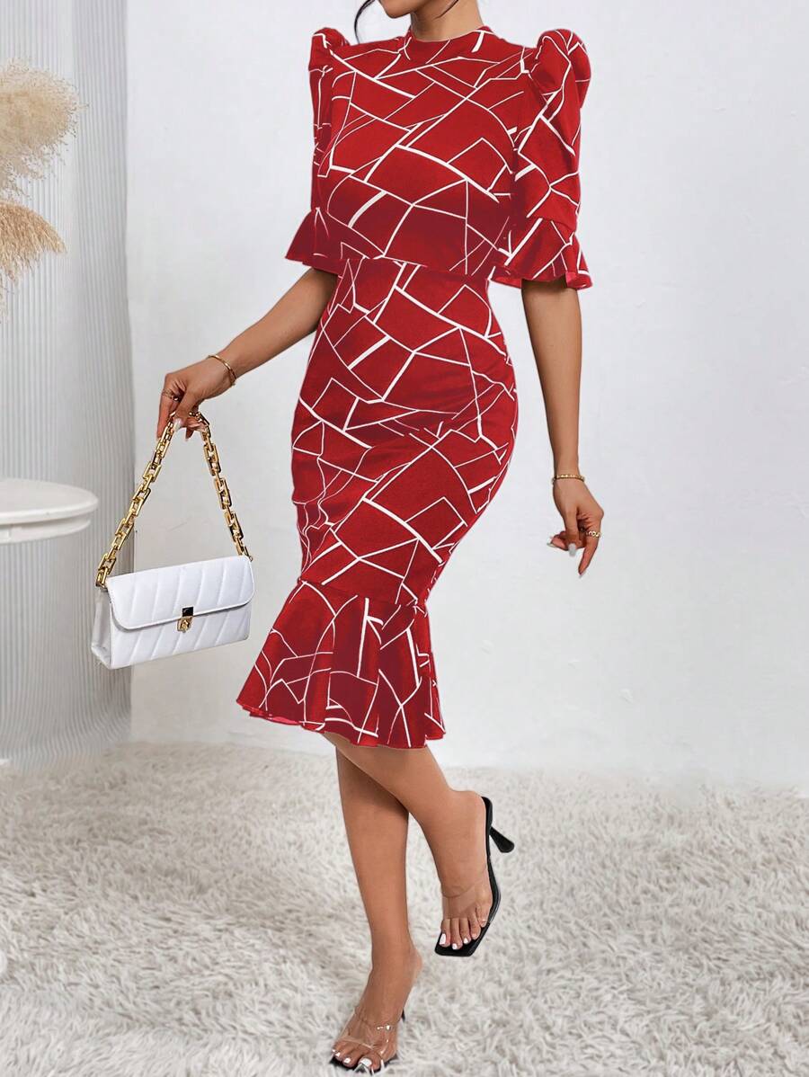 SHEIN Privé In Địa lý Ống tay áo Nàng tiên cá Hem Đầm - Đỏ và trắng - Xem 1